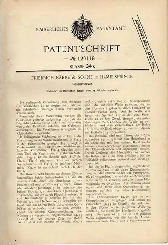 Original Patentschrift - F. Bähre in Hamelspringe , 1900 , Hosenstrecker , Kleidung , Hose !!!