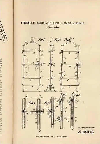 Original Patentschrift - F. Bähre in Hamelspringe , 1900 , Hosenstrecker , Kleidung , Hose !!!