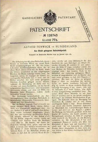 Original Patentschrift - A. Fenwick in Sunderland , 1901 , Rollschuhgestell , Rollschuhe , Schlittschuhe !!!