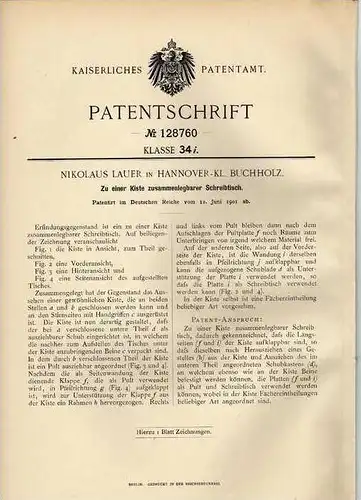 Original Patentschrift - N. Lauer in Hannover Kl. Buchholz , 1901 , Schreibtisch zur Kiste zusammenlegbar !!!