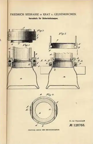 Original Patentschrift - F. Siebrasse in Kray b. Gelsenkirchen , 1901 , Verschluß für Sicherheitslampen !!!