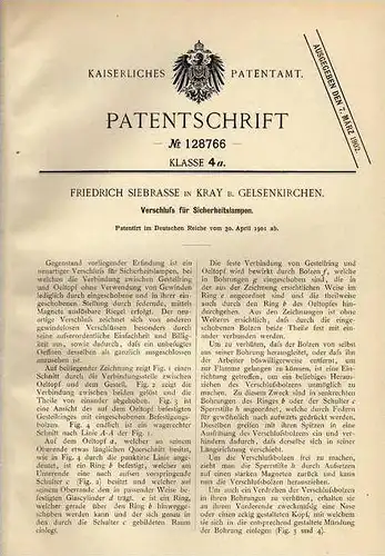 Original Patentschrift - F. Siebrasse in Kray b. Gelsenkirchen , 1901 , Verschluß für Sicherheitslampen !!!