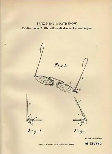 Original Patentschrift - F. Nehl in Rathenow , 1901 , Brille mit auslösbaren Ohrenstangen !!!