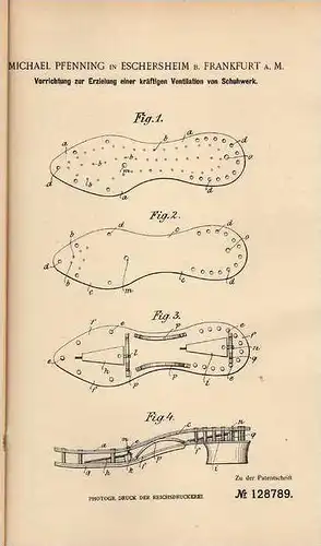Original Patentschrift - M. Pfennig in Eschersheim , 1901, Ventilation für Schuhe , Schuh , Schuster !!!