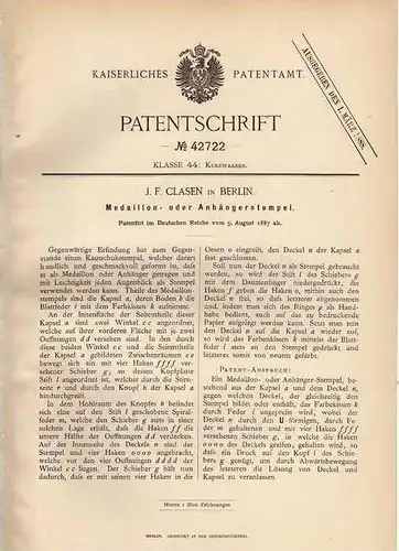 Original Patentschrift - Stempel für Medaillon , Orden , Plakette , 1887 , J. Clasen in Berlin !!!