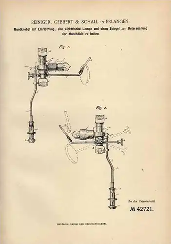 Original Patentschrift - Gebbert & Schall in Erlangen , 1887 , Mundknebel mit Lampe und Spiegel für Zahnarzt !!!