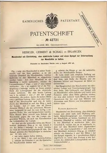 Original Patentschrift - Gebbert & Schall in Erlangen , 1887 , Mundknebel mit Lampe und Spiegel für Zahnarzt !!!