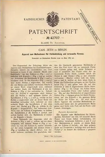 Original Patentschrift - C. Zeth in Berlin , 1887 , Apparat für Schuhe , Strümpfe , Fußbekleidung , Schuster !!!