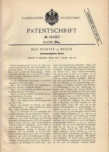 Original Patentschrift - M. Richter in Berlin , 1900 , Sessel zusammenlegbar !!!