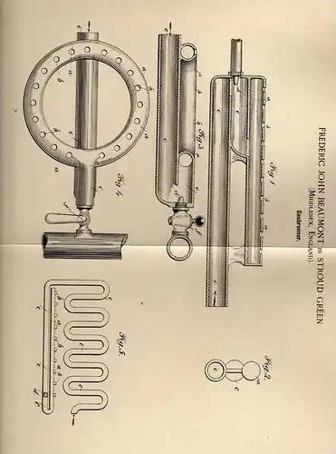 Original Patentschrift - Gasbrenner , 1900 , F. Beaumont in Stroud Green , England !!!