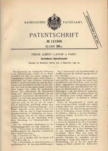 Original Patentschrift - Stuhl für Operation , 1899, P. Gayon in Paris , Arzt , Chirurg , OP !!!
