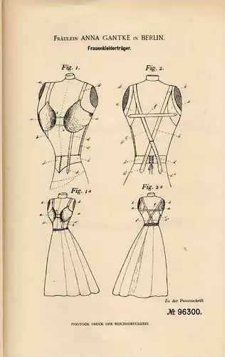 Original Patentschrift - A. Gantke in Berlin , 1896, Träger für Frauenkleider , Kleid , Mode , BH !!!