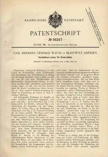 Original Patentschrift - verstellb. Lehne für Kinderstuhl , 1897 , C. Wauer in Blasewitz - Dresden !!!