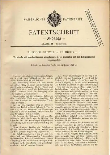 Original Patentschrift - T. Kromer in Freiburg , 1897 , Schlüssel , Schlosserei , Schloß , Schlüsseldienst !!!