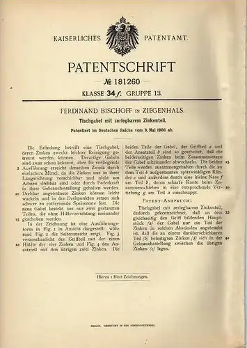 Original Patentschrift - F. Bischof in Ziegenhals , 1906, Zerlegbare Gabel , Besteck !!!