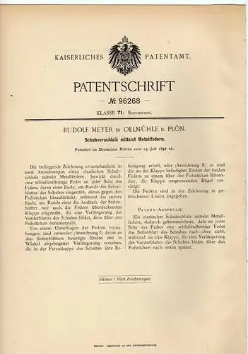 Original Patentschrift - R. Meyer in Oelmühle b. Plön , 1897 , Schuhverschluß , Schuhe , Schuster !!!