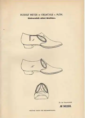 Original Patentschrift - R. Meyer in Oelmühle b. Plön , 1897 , Schuhverschluß , Schuhe , Schuster !!!
