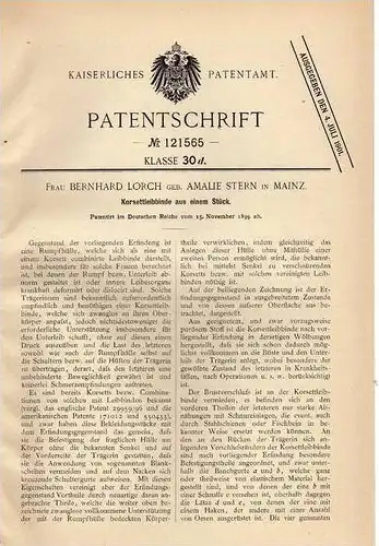 Original Patentschrift - B. Lorch in Mainz , 1899 , Korsett Leibbinde , Kleidung !!!