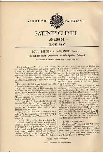 Original Patentschrift - L. Berger in Lausanne , Schweiz , 1901 , Feile , Werkzeug , Schreiner !!!