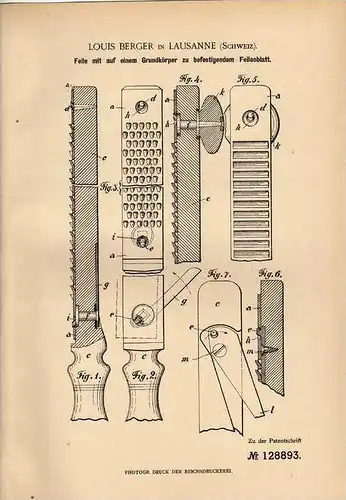 Original Patentschrift - L. Berger in Lausanne , Schweiz , 1901 , Feile , Werkzeug , Schreiner !!!