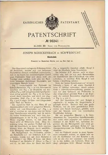 Original Patentschrift - J. Scheckenbach in Schweinfurt , 1897 , Stockstuhl , Stuhl !!!