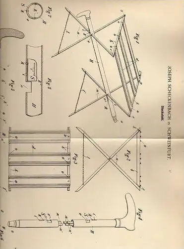 Original Patentschrift - J. Scheckenbach in Schweinfurt , 1897 , Stockstuhl , Stuhl !!!