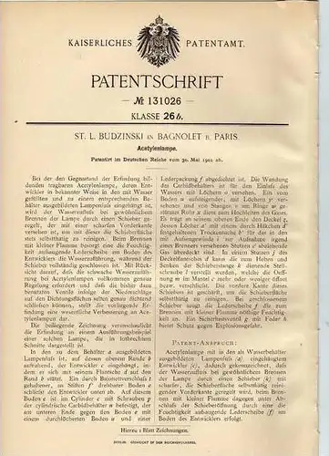 Original Patentschrift - Acetylenlampe , 1901 , L. Budzinski in Bagnolet b. Paris !!!