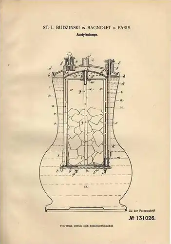 Original Patentschrift - Acetylenlampe , 1901 , L. Budzinski in Bagnolet b. Paris !!!