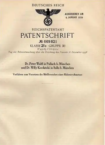 Original Patentschrift - Dr. P. Wulff in Pullach und Solln b. München , 1934 , Röhrenvoltmeter , Voltmeter , Elektrik !!