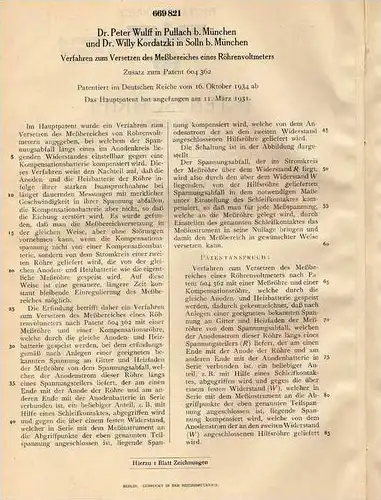 Original Patentschrift - Dr. P. Wulff in Pullach und Solln b. München , 1934 , Röhrenvoltmeter , Voltmeter , Elektrik !!