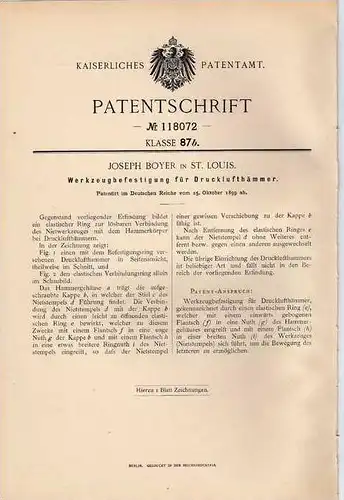 Original Patentschrift - Drucklufthammer Befestigung , 1899 , J. Boyer in St. Louis , Presslufthammer !!!