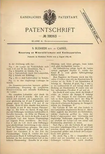 Original Patentschrift -  S. Sudheim in Cassel , 1885 , Mineralöllampen und Kochapparate !!!