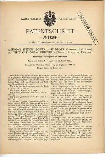 Original Patentschrift - Regenerativ - Gaslampe , 1886,  A. Spencer in St. Neots und Whitefield !!!