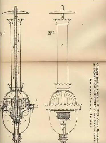 Original Patentschrift - Regenerativ - Gaslampe , 1886,  A. Spencer in St. Neots und Whitefield !!!