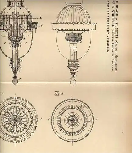 Original Patentschrift - Regenerativ - Gaslampe , 1886,  A. Spencer in St. Neots und Whitefield !!!