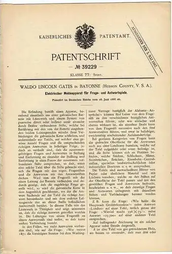 Original Patentschrift -  Elektr. Frage- und Antwortspiel , 1886 , W. Gates in Bayonne !!!