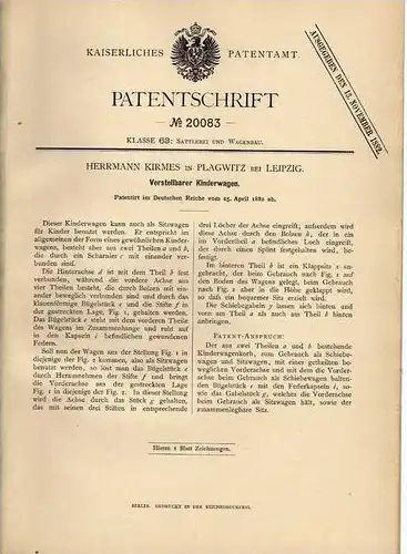 Original Patentschrift -  H. Kirmes in Plagwitz b. Leipzig , 1882, Kinderwagen !!!