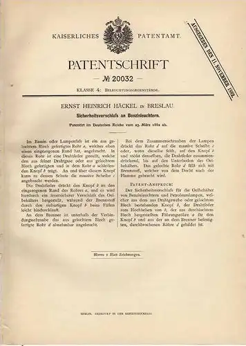 Original Patentschrift - E. Häckel in Breslau , 1882 , Leuchter , Lampe , Benzinleuchter !!!