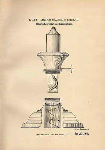 Original Patentschrift - E. Häckel in Breslau , 1882 , Leuchter , Lampe , Benzinleuchter !!!