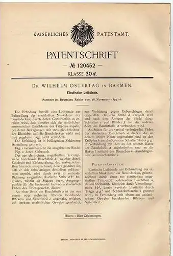 Original Patentschrift - Dr. W. Ostertag in Barmen , 1899, elastische Leibbinde !!!