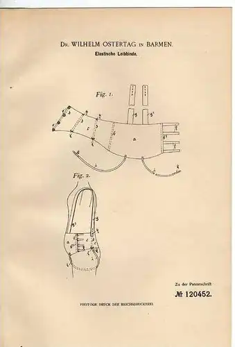 Original Patentschrift - Dr. W. Ostertag in Barmen , 1899, elastische Leibbinde !!!