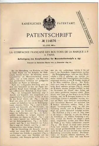 Original Patentschrift - Knöpfe , Manschettenknöpfe , 1899 , De la Marque in Paris !!!