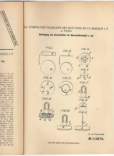 Original Patentschrift - Knöpfe , Manschettenknöpfe , 1899 , De la Marque in Paris !!!