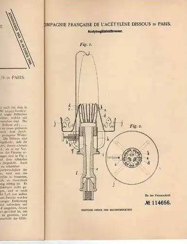 Original Patentschrift - Acetylen Glühlichtbrenner , Gaslampe , 1899, Comp. de L`Acetylene in Paris !!!