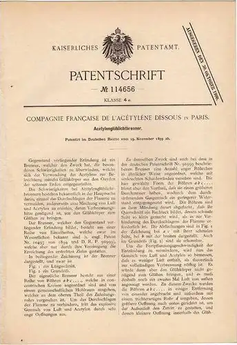 Original Patentschrift - Acetylen Glühlichtbrenner , Gaslampe , 1899, Comp. de L`Acetylene in Paris !!!