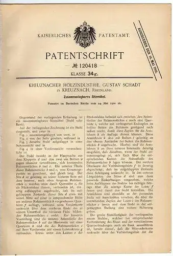 Original Patentschrift - Holzindustrie Kreuznach , Rheinland , Sitzmöbel , 1900 , Tischlerei , Schreinerei !!!