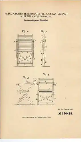 Original Patentschrift - Holzindustrie Kreuznach , Rheinland , Sitzmöbel , 1900 , Tischlerei , Schreinerei !!!