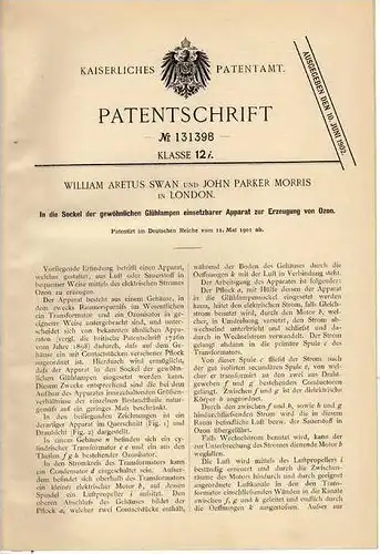 Original Patentschrift - Swan und Parker in London ,1901, Ozonerzeuger , Glühlampen , Lampe , Leuchte !!!
