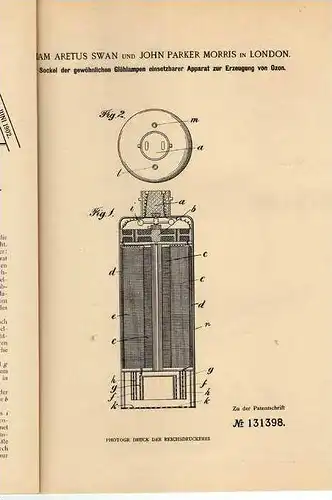 Original Patentschrift - Swan und Parker in London ,1901, Ozonerzeuger , Glühlampen , Lampe , Leuchte !!!
