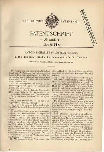 Original Patentschrift -  Türverschluß , Schreiner , Tischler , Lüttich - Belgien 1900 !!!